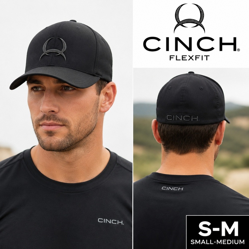 Cinch Mens Flexfit Hat Black Rubberized Logo Baseball Cap Small Medium S-M